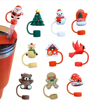 Christmas Themed Silicone Straw Cover for Tumbler/Stanley Cup 10mm, Reusable Straw Lid, 9pc/6pc/5pc