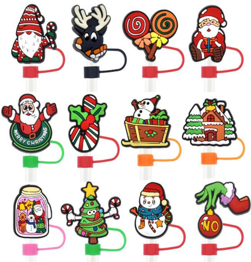 2D Christmas Themed Silicone Straw Cover for Tumbler/Stanley Cup 10mm 12pc