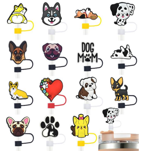 2D Assorted Silicone Straw Cover for Tumbler/Stanley Cup 10mm, 10pc- Dogs/Nurse/Ducks/Flowers/Cowboy Hats