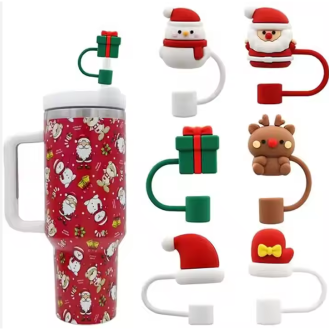 Christmas Themed Silicone Straw Cover for Tumbler/Stanley Cup 10mm, Reusable Straw Lid, 9pc/6pc/5pc
