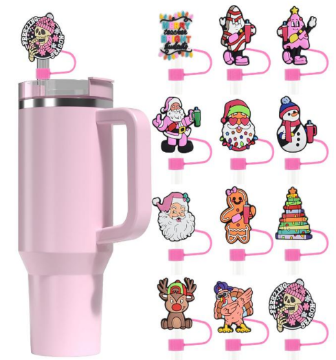 2D Christmas Themed Silicone Straw Cover for Tumbler/Stanley Cup 10mm 12pc