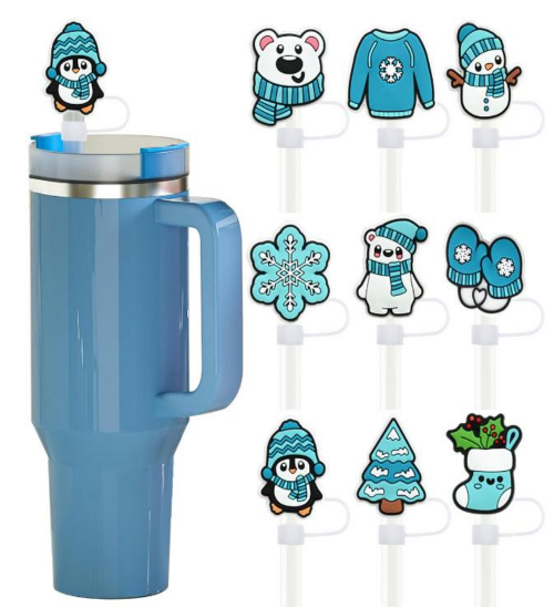 2D Christmas Themed Silicone Straw Cover for Tumbler/Stanley Cup 10mm 12pc