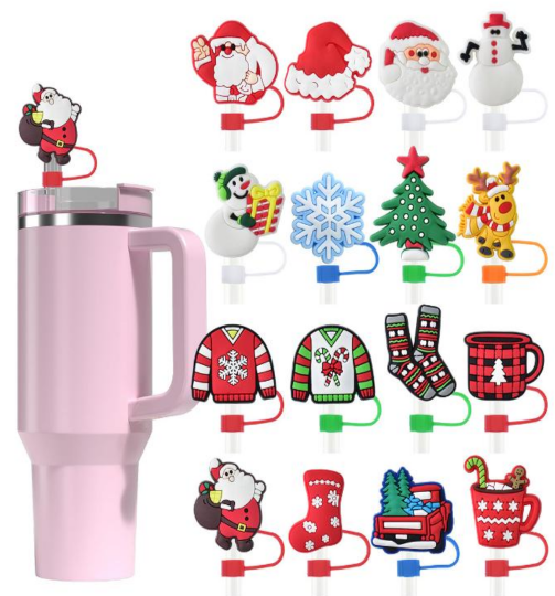 2D Christmas Themed Silicone Straw Cover for Tumbler/Stanley Cup 10mm 12pc