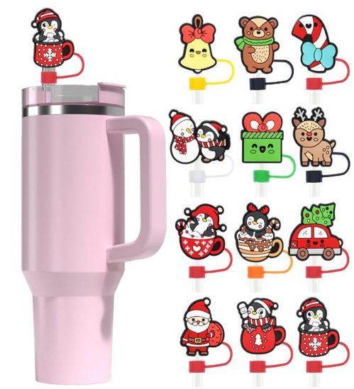 2D Christmas Themed Silicone Straw Cover for Tumbler/Stanley Cup 10mm 12pc