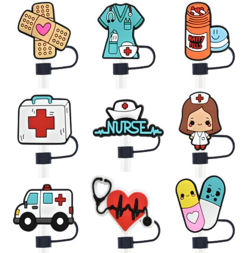 2D Assorted Silicone Straw Cover for Tumbler/Stanley Cup 10mm, 10pc- Dogs/Nurse/Ducks/Flowers/Cowboy Hats