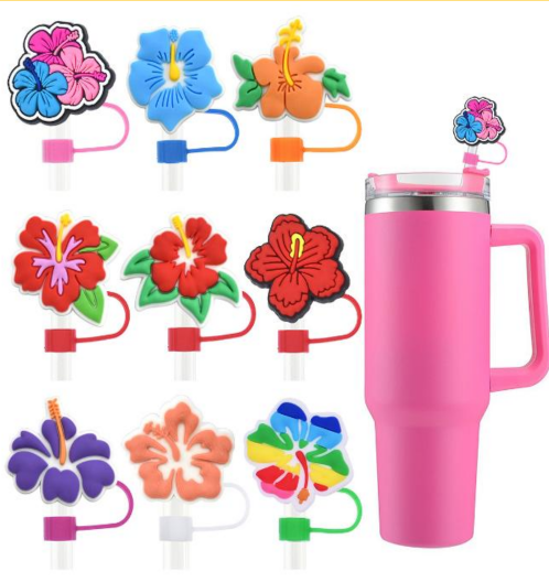 2D Assorted Silicone Straw Cover for Tumbler/Stanley Cup 10mm, 10pc- Dogs/Nurse/Ducks/Flowers/Cowboy Hats